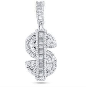 Sterling Silver 925 Rhodium finish Baguette CZ Dollar Sign Pendant